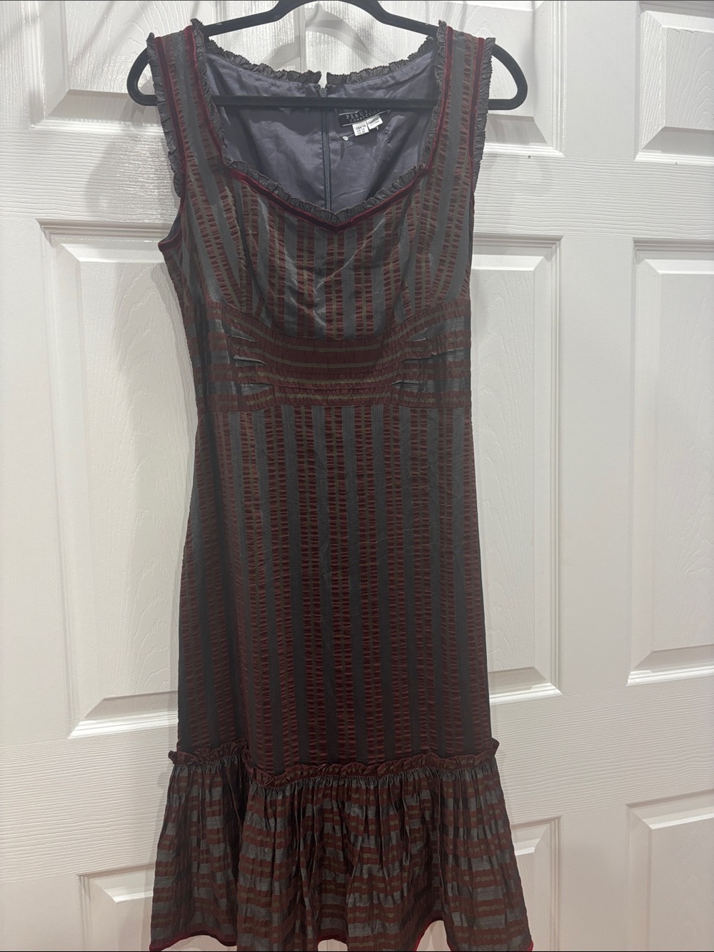 Peruvian Connection Sleeveless Striped Midi Dress in Charcoal and Burgundy